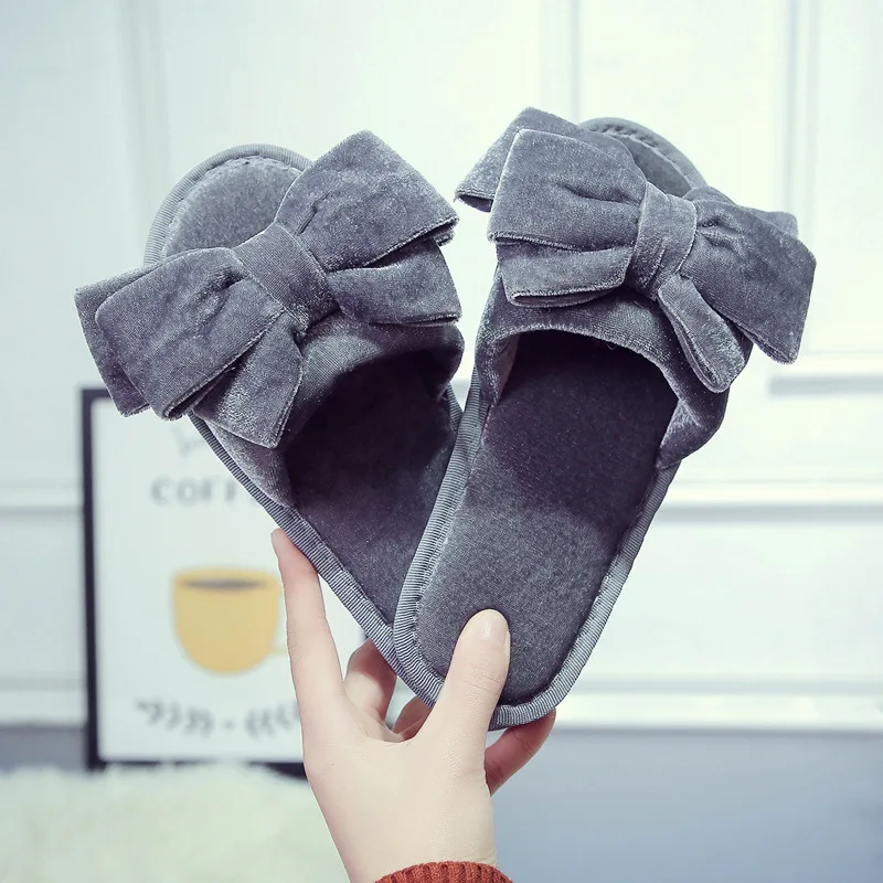 Fashion design Bowknot 2021 Winter Plush warm slides ladies Flat bedroom indoor shoes Luxury women faux fur slippers