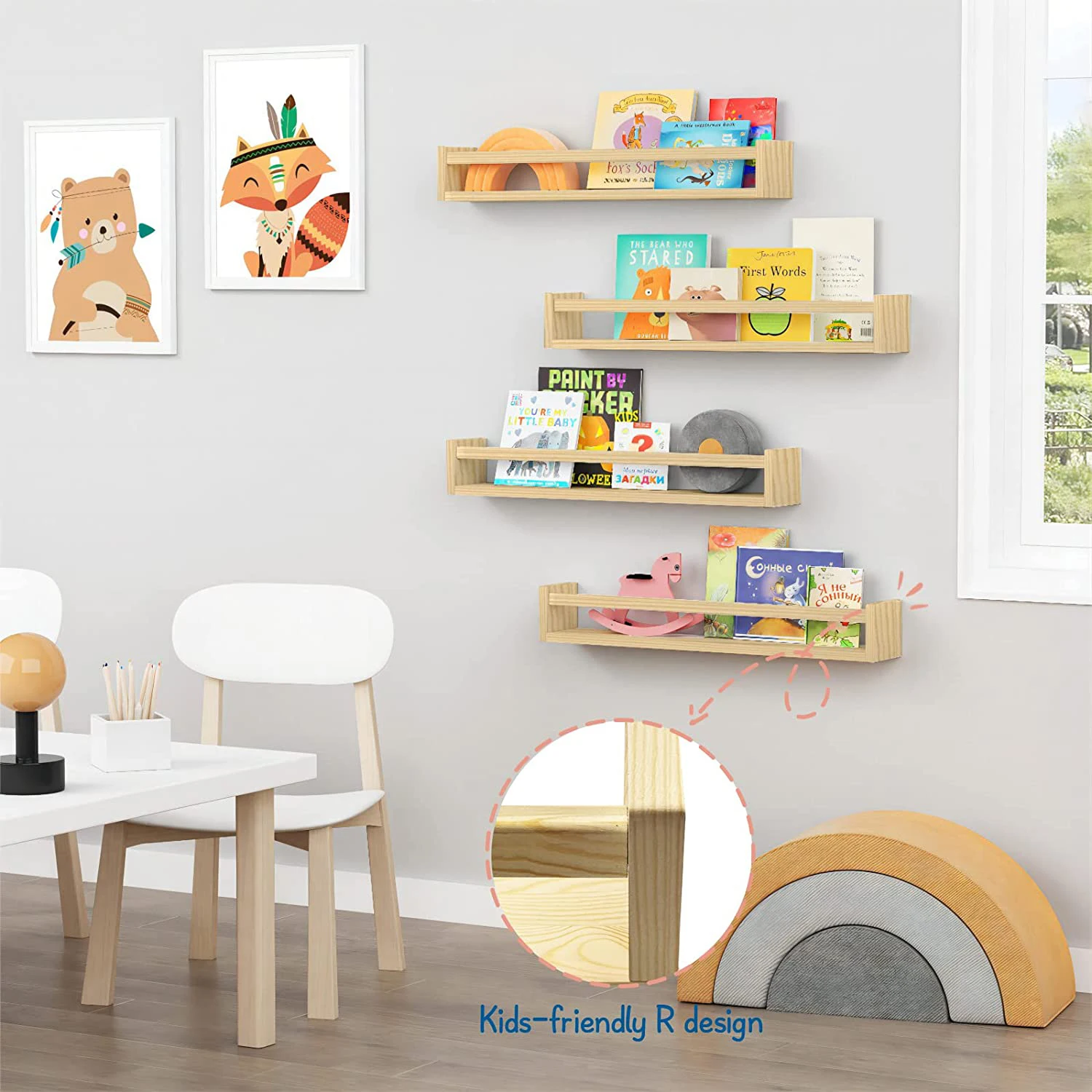 Natural Wood Nursery Bookshelves for Wall 24 Inches Long Floating Book Shelves Wall Mounted Bookcase for Teen Girl Boy Kids Room