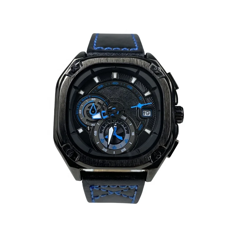 2022 new fashion sports watch men Genuine leather strap luxury luminous waterproof quartz watch