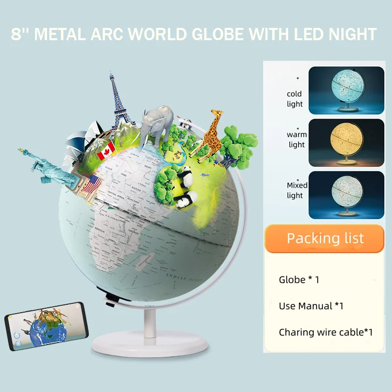 Illuminated AR Globe for Kids Learning  8' Small World Globe for Classroom Geography Educational Tool Gifts for Children