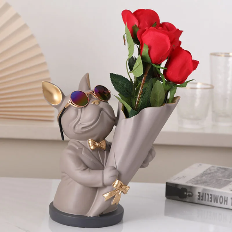 23CM Modern Resin Bouquet French Bulldog Dog Statue Vase Flower Arrangement Artist Home Decoration Gift