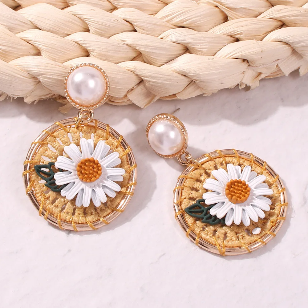 New Jewelry Korea Style Handmade Sunflower Stud Earrings With Pearl