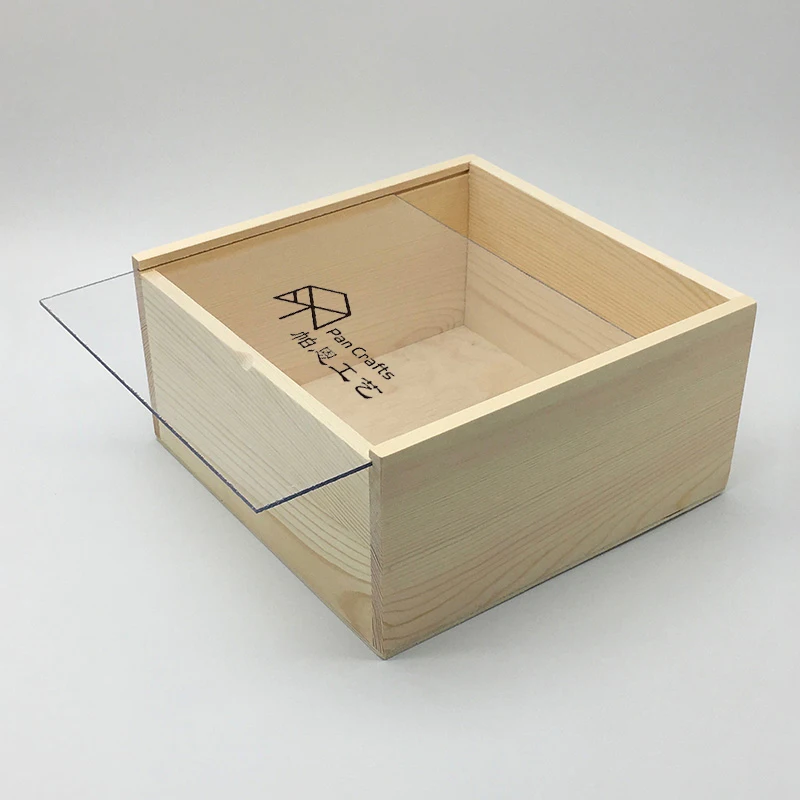 Plain empty natural pine solid wood box with transparent lid wooden gift box