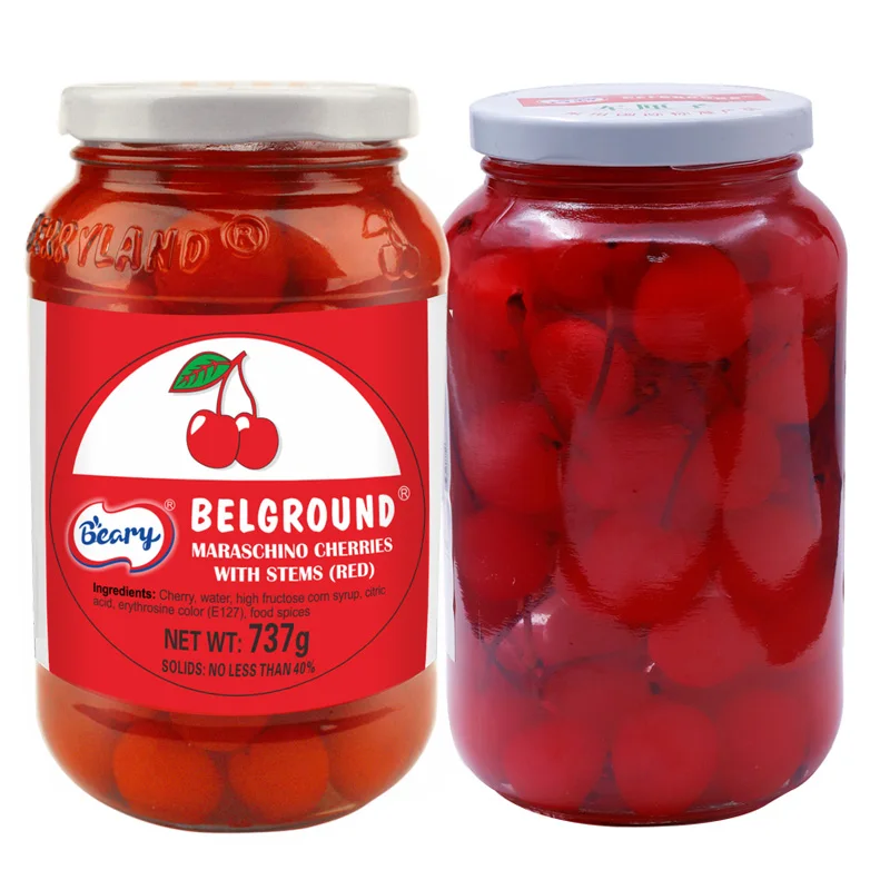 Консервированные красные вишневые зеленые вишни с стебелем