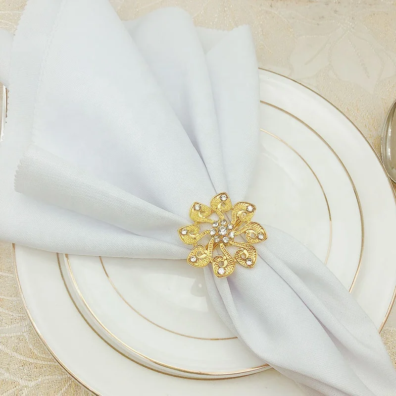 Luxury Flower Napkin Ring Gold Metal Napkin Rings Holder Crystal Diamond Dinner Napkin Rings wedding Table Decoration HWD39