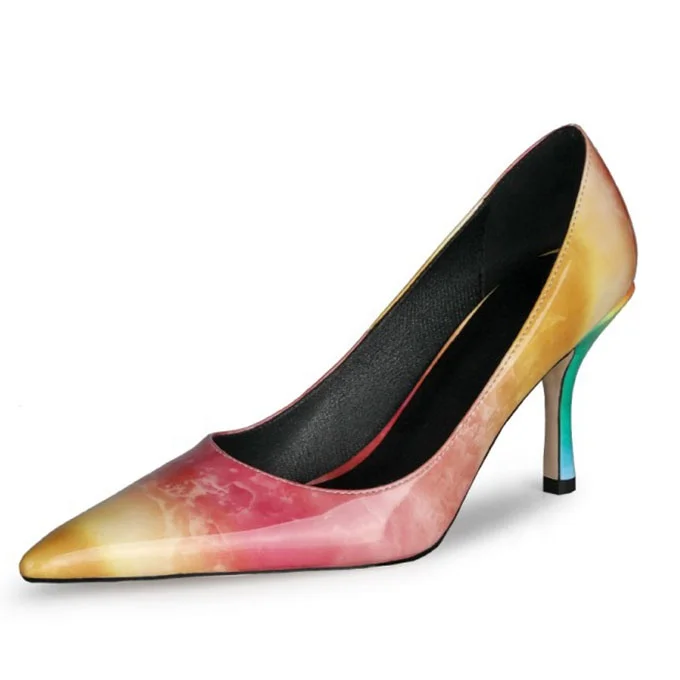 Fashion Marble Pattern Thin Heel Women Shoes Pointy Toe Patent Leather Dress Office Lady Shoes New Style Women Heels Slip ON