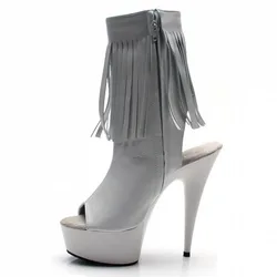 15cm ultra high heel thin with sky high sexy stage show shoes fringe dew with fish mouth fun low tube ankle boots