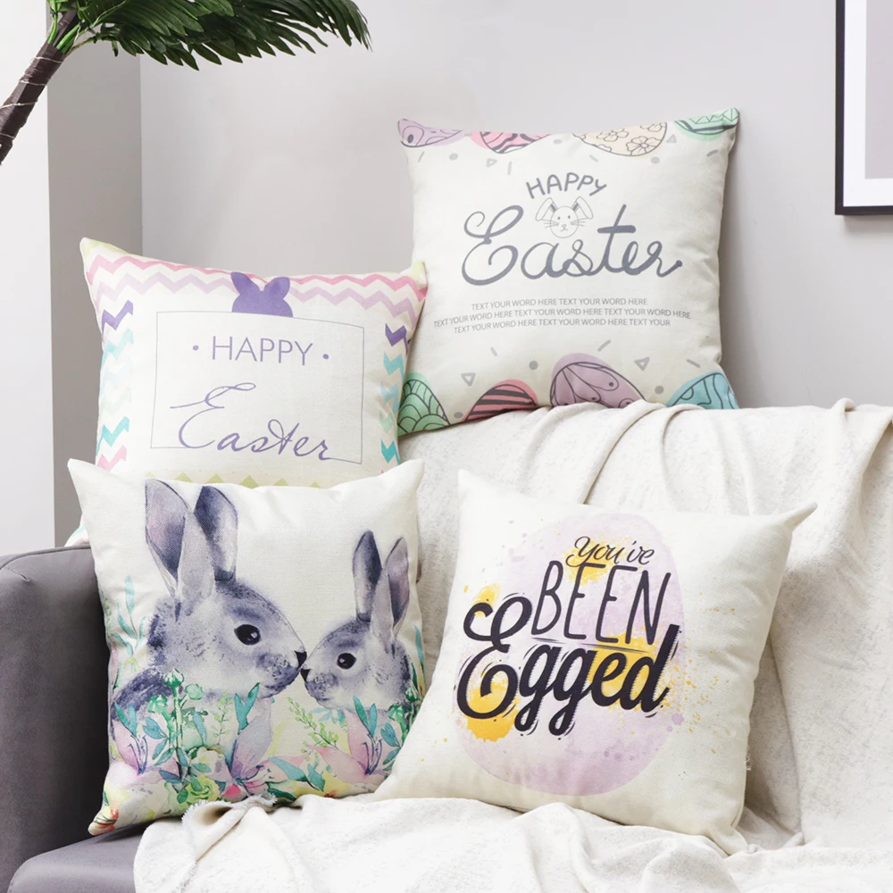 Happy Easter Rabbit Cushion Cover Sofa Decorative Throw Pillow Case Easter Decoration Linen Throw Pillow Cover Set