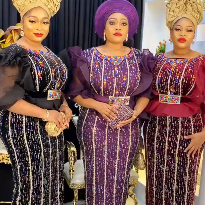 African Fall Women Clothes Sequin Tassel Dress Formal Long Sleeves Evening Gowns Dinner Dresses