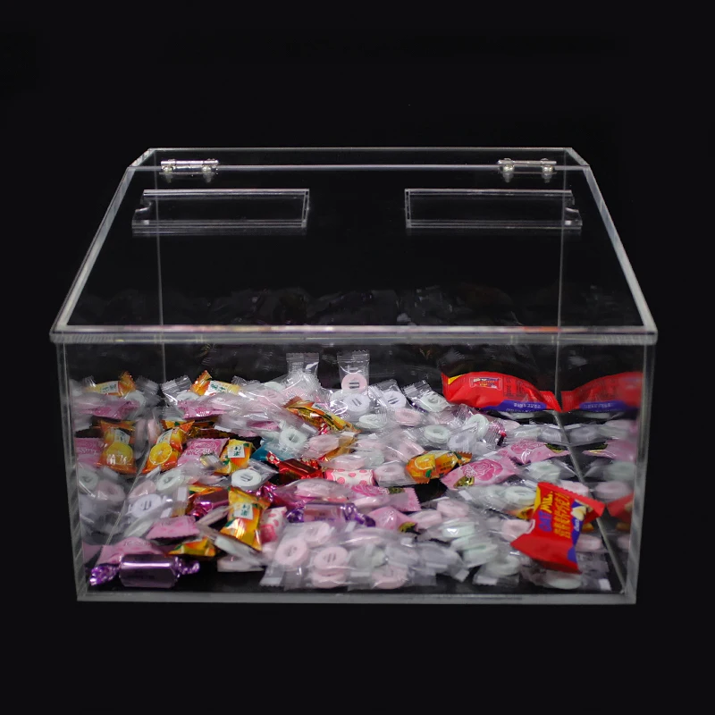 Custom sizes clear acrylic storage big box cube containers for display candy sweet food bins with price tag slot