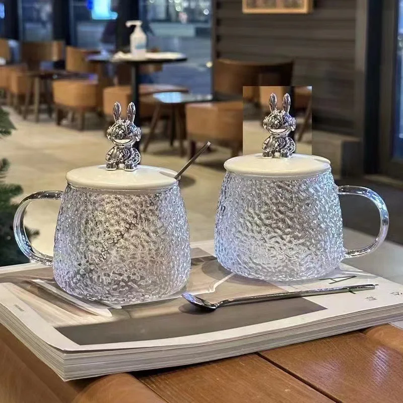 Big Stock 450ml White Frosted Clear Bear Cute Glass Cup Flower Drinking Tea Cup Coffee Mug With Lid And Spoon