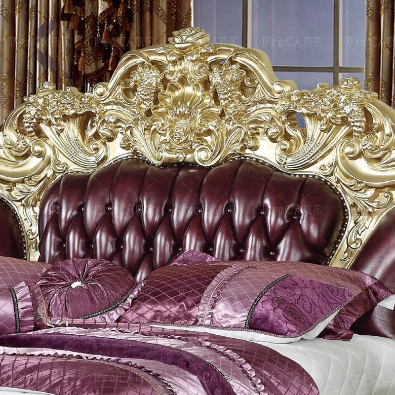 ProCARE European Champagne Luxury Bedroom Solid Wood Carved Luxury Wedding Bed
