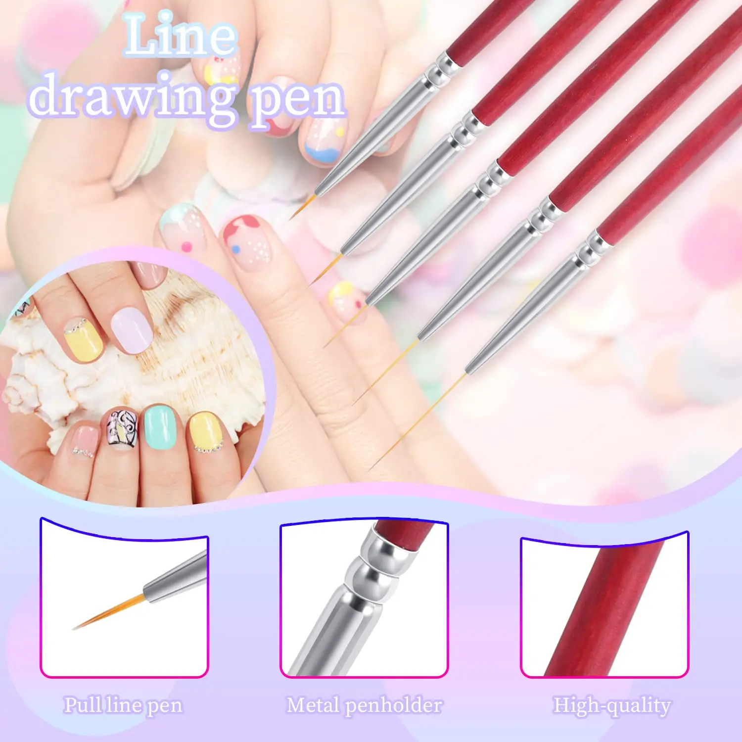 5 Pcs 4/18/12/9/6mm Nail Detail Brush Thin Nail Design Brush Pen Set for Nail Painting Drawing