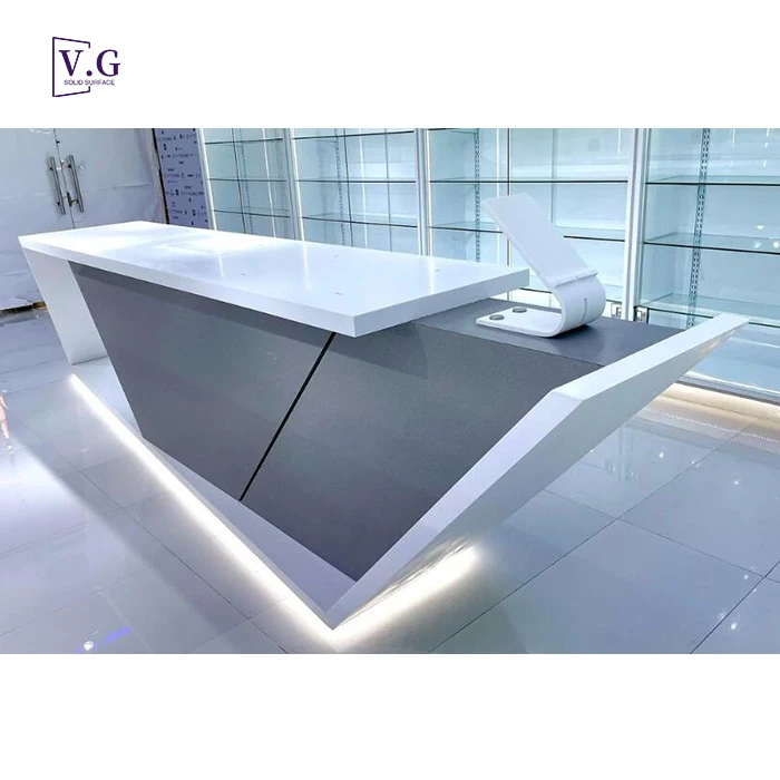 Custom New Design Black Reception Desk With Logo Modern Table With Display Glass