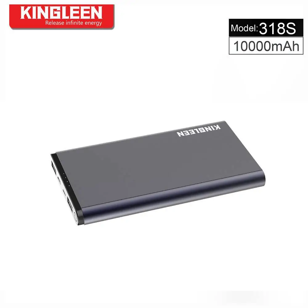 KINGLEEN 318S portable 2 USB output metal power bank polymer battery 10000mAh slim power bank