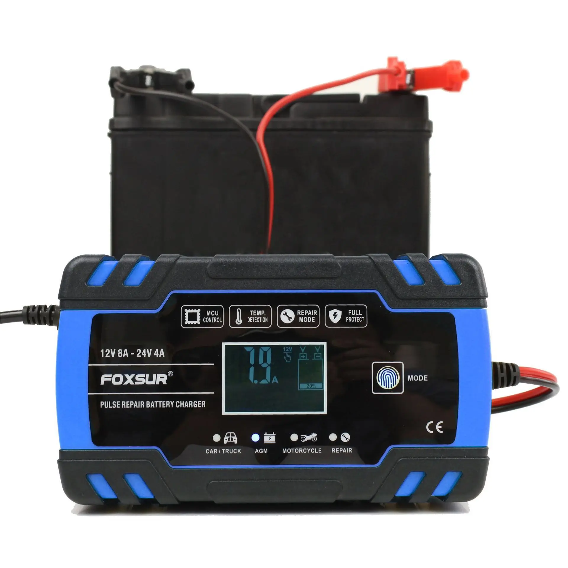 12/24V 8A Touch Screen Pulse Repair LCD Fast Power Charging Wet Dry Lead Acid Car Battery Charger