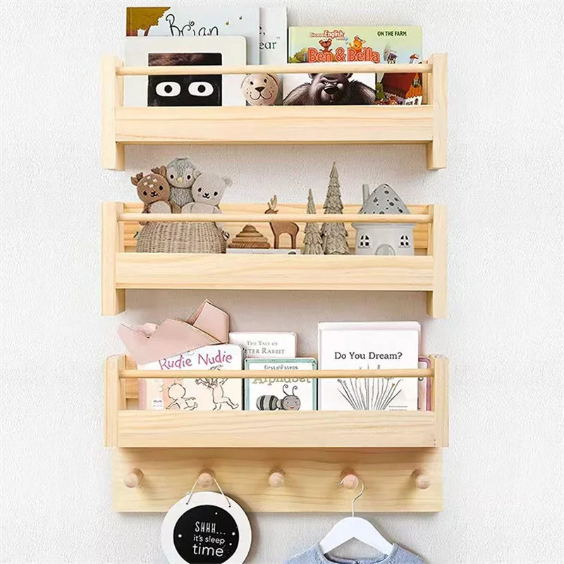 Wooden Book Wall Shelf Set of 3 Nursery Room Shelves Solid Wood Ideal for Books Toys and Decor Classic Wall Shelf