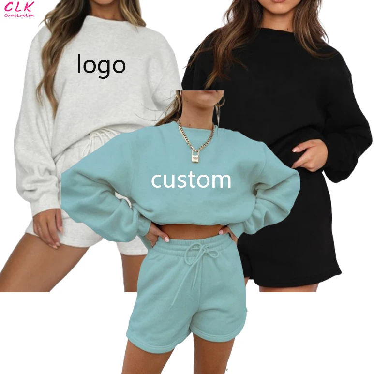Wholesale Custom Logo Women Loose Casual Sweatshirt Fleece Pullovers And Drawstring Shorts Two Pieces Set Thick Tracksuit