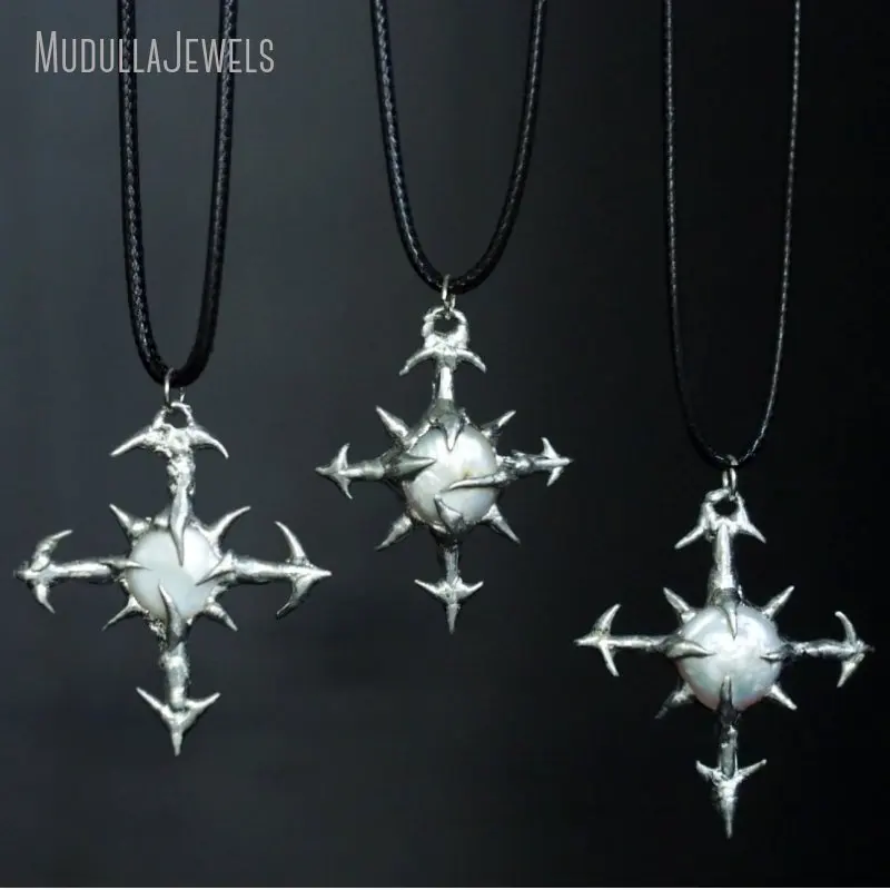 NM47459 Soldered Jewelry Natural Freshwater Pearl Cross Shape Thorn Claws Pendant Leather Necklace Victorian Gothic Accessories