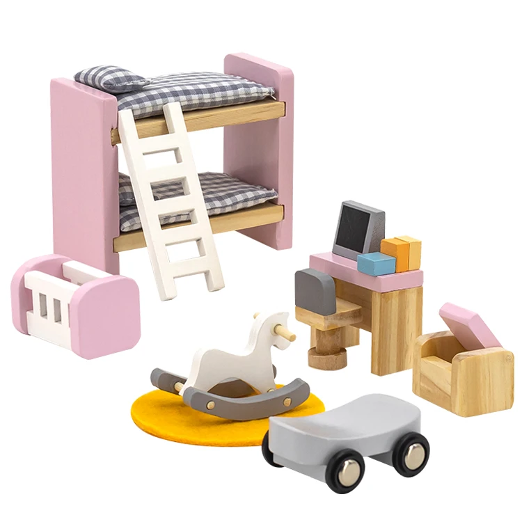 kids Wooden Dollhouse Furniture Main Bedroom Set Dollhouse Accessories For Toddlers