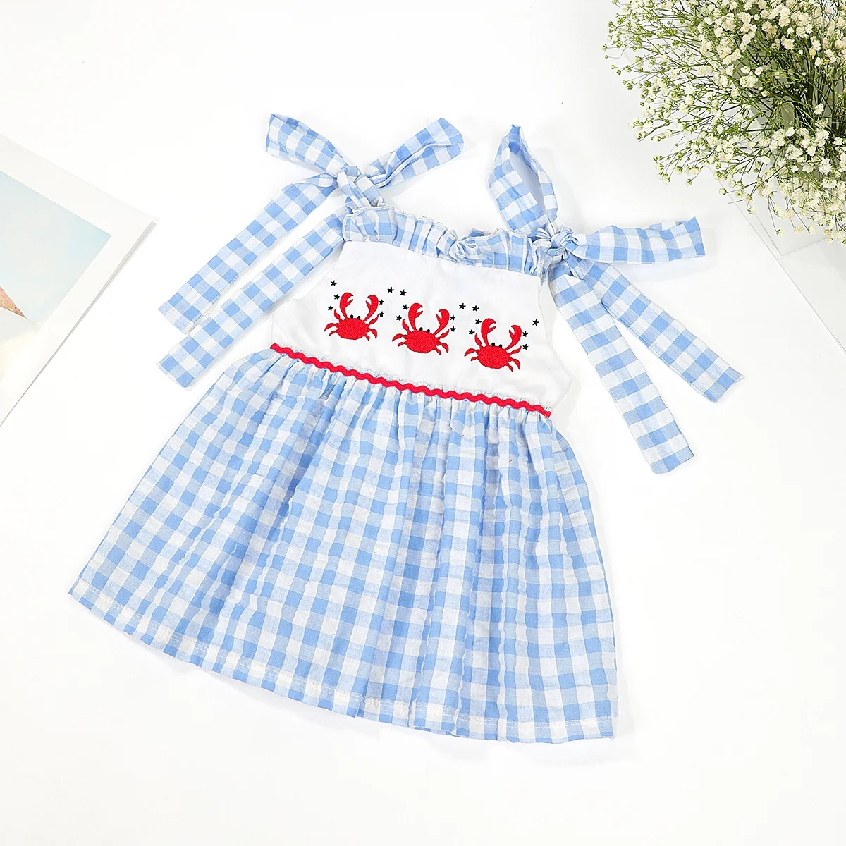 Wholesale children summer clothes crab applique girl two pieces outfit seersucker summer kids clothing girls