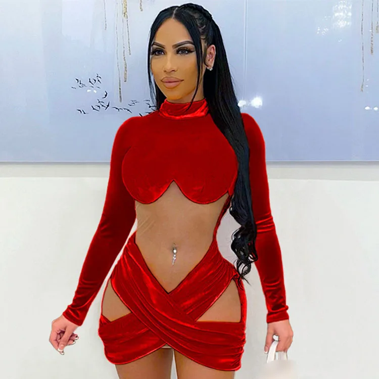 Modern Club Tempting Velvet Black Hollow Out Gauze Mesh Patchwork Long Sleeve Mini Dress Spring Wears Dresses