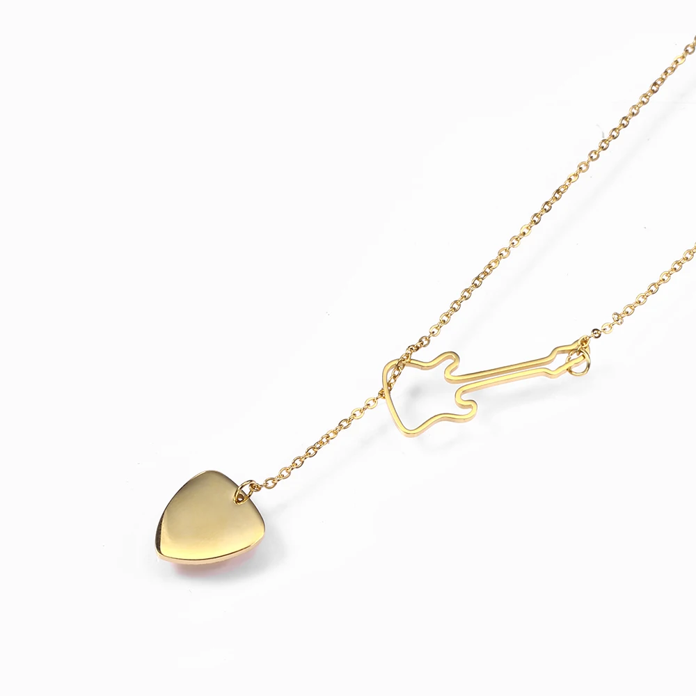 Hot Stainless Steel Music Series Gold Guitar Picks Shaped  Pendant Necklace