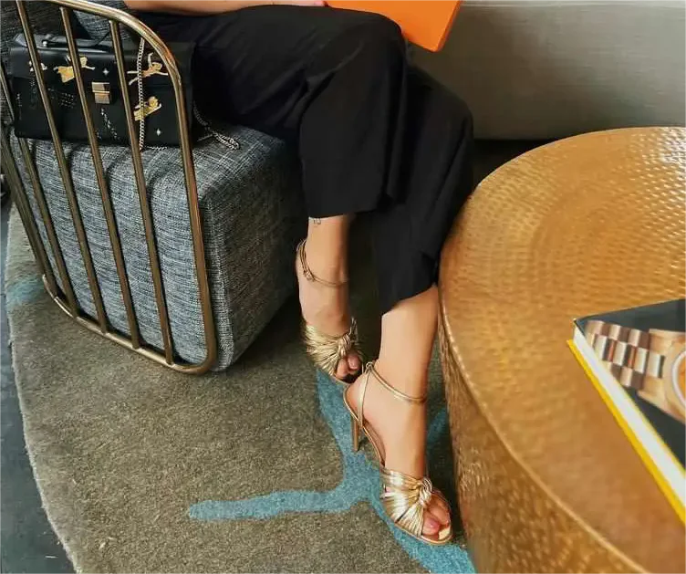 Custom Your Logo Heel Sandals Round Toe Golden Leather Thin Heel Women Sandals For Party