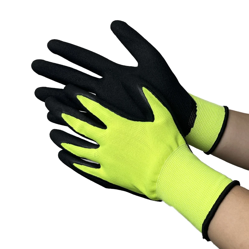 Cheap China 13G Hi-vis yellow polyester liner, black sandy nitrile palm coated gloves, double dipped Gloves For Industrial Use
