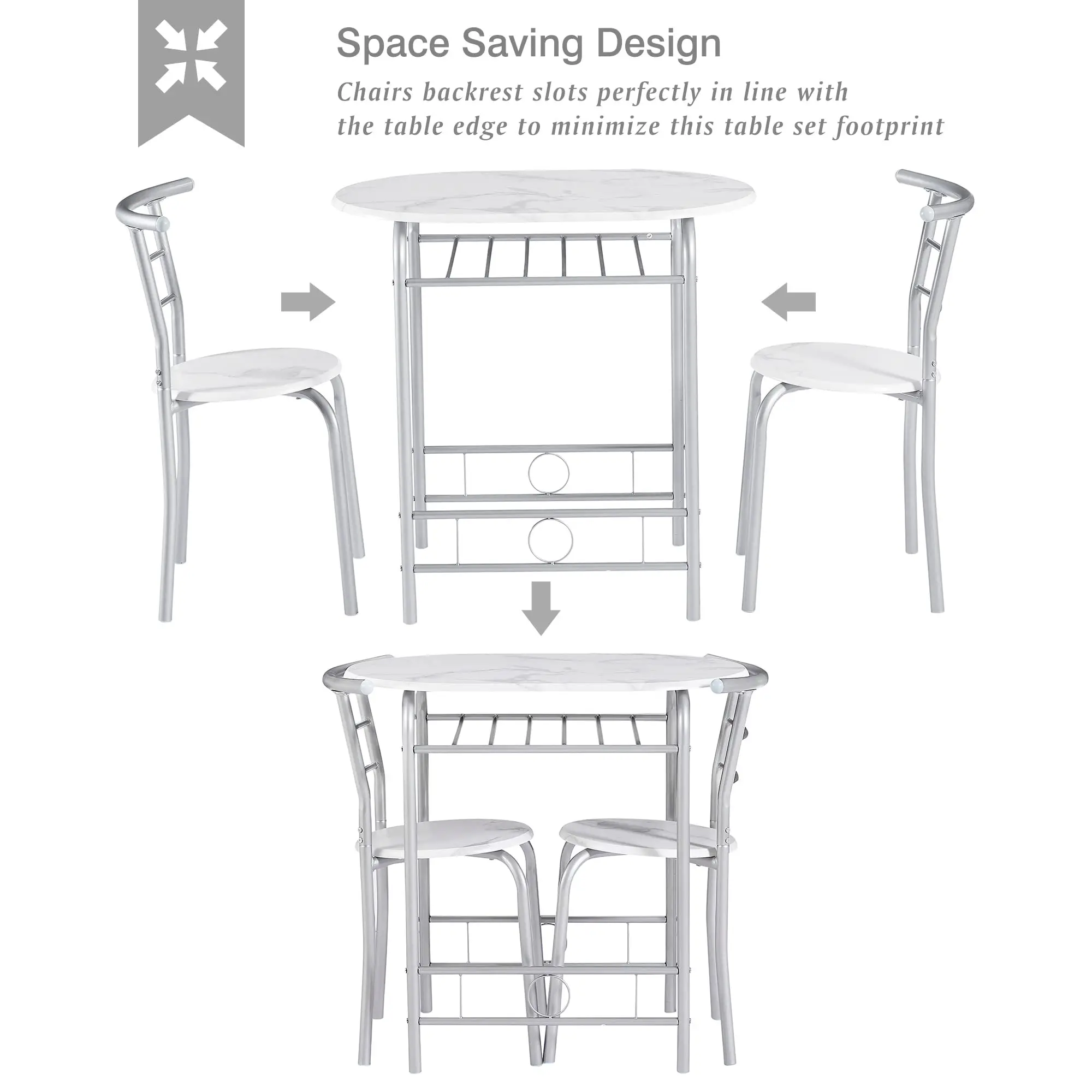 3 Piece Small Round Dining Table Set for Kitchen Breakfast Nook, Wood Grain Tabletop with Wine Storage Rack Save Space White
