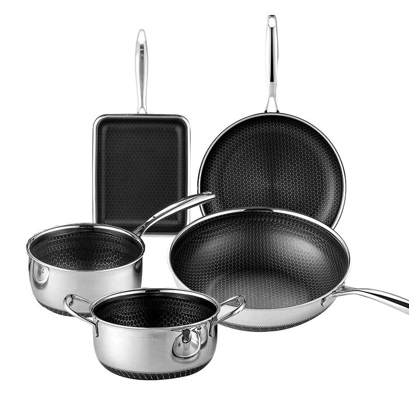 Best Selling 5Piece Non Sticky Cooking Pots And Pan Set Honeycomb hybrid Non-stick Cookware Sets PFOA Free Coating Pots and Pans