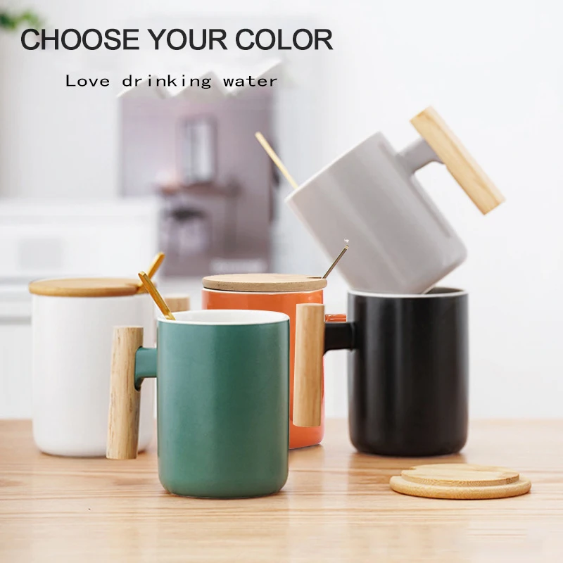 Nordic Porcelain Cup With Bamboo Lid And Spoon Wooden Handle Ceramic Coffee Mug