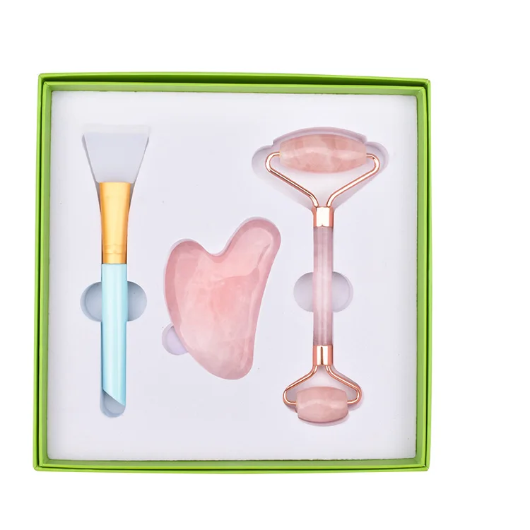 Anti Aging Natural  3in1 Rose Quartz Jade Roller  Gua Sha  Facial  Brush Set Jade Roller Pink GuaSha Stone Set With Custom Box