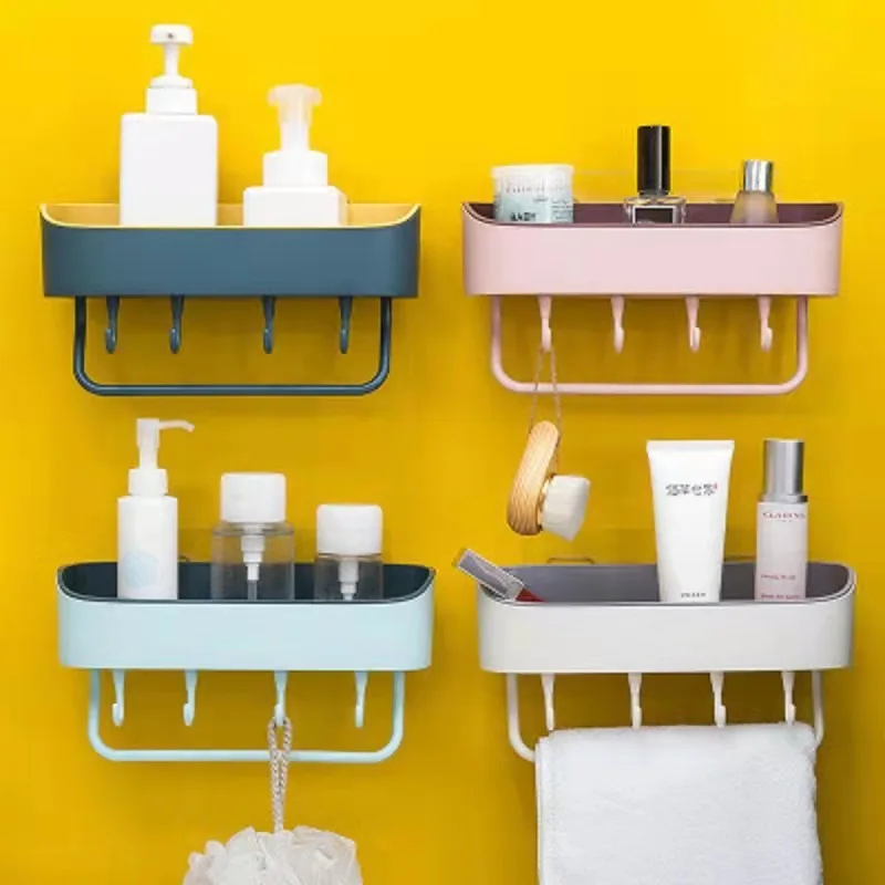 Bathroom Shelf Wall Mounted Shampoo Cosmetic Storage Rack Plastic Toilet Shower Shelves With towel rack