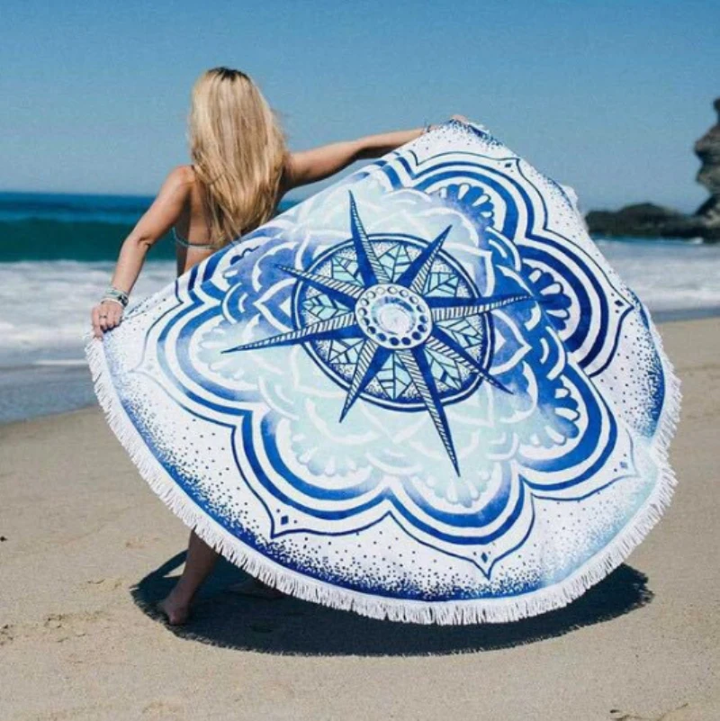 Lightweight 59 Inches Palm Leaves printing Polyester Microfiber Round Printing Beach Towel With Tassel