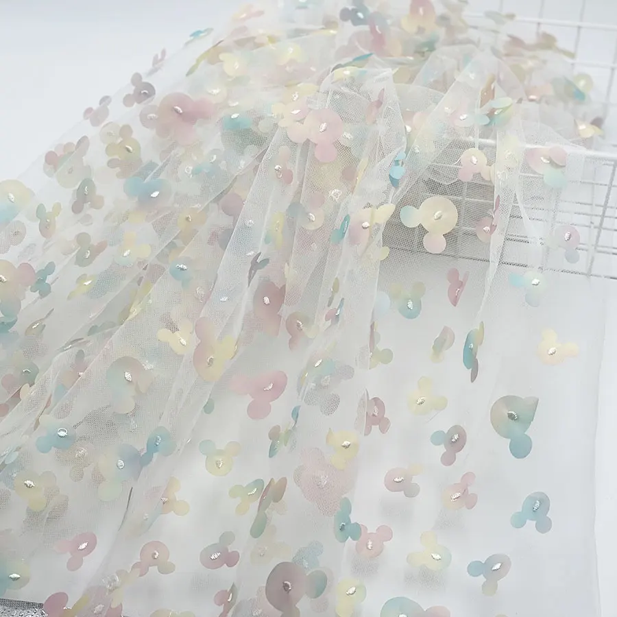 Textile embroidery 3D rainbow multicolor laser cutting printed mickey mouse appliques tulle mesh fabric