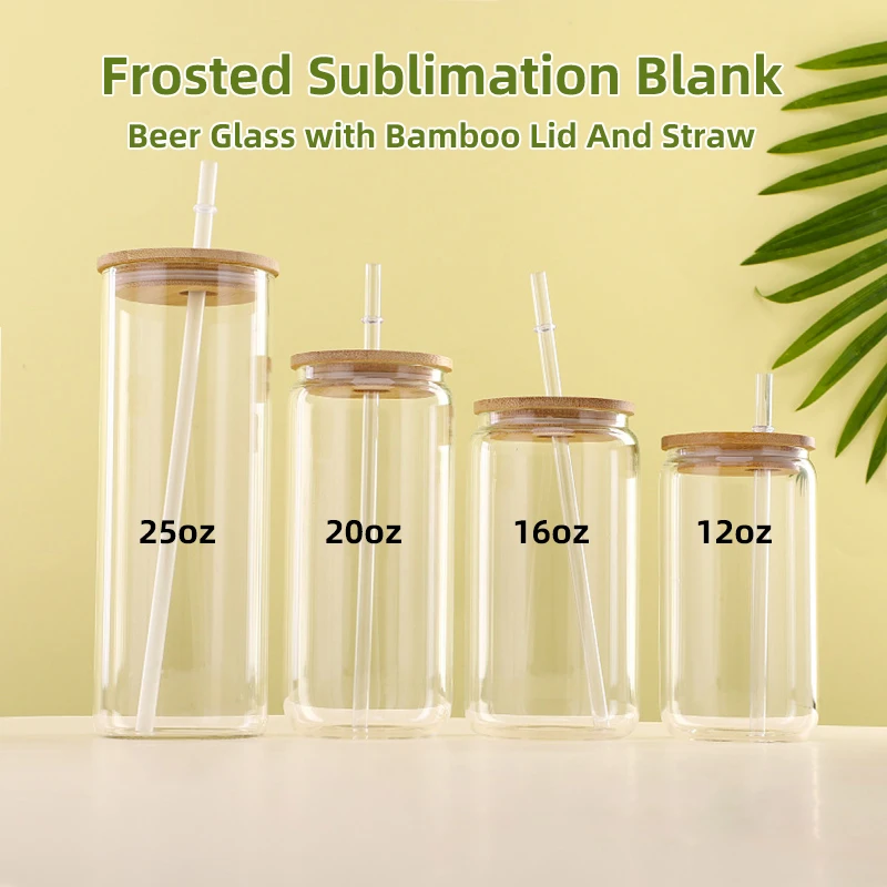 US warehouse12oz 16oz 20oz 25oz blank sublimation frosted clear Beer mugs Shaped Glass soda can coke with bamboo lid and straw