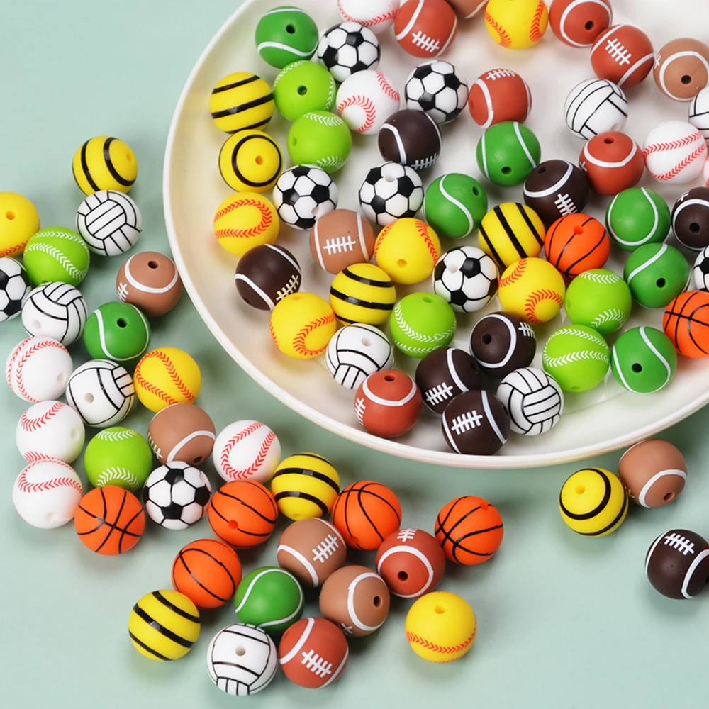 New In Stocks Sports Series 15mm Round Silicone Beads Baseball Volleyball Soccer Rugby Tennis Basketball Printed Silicon Beads