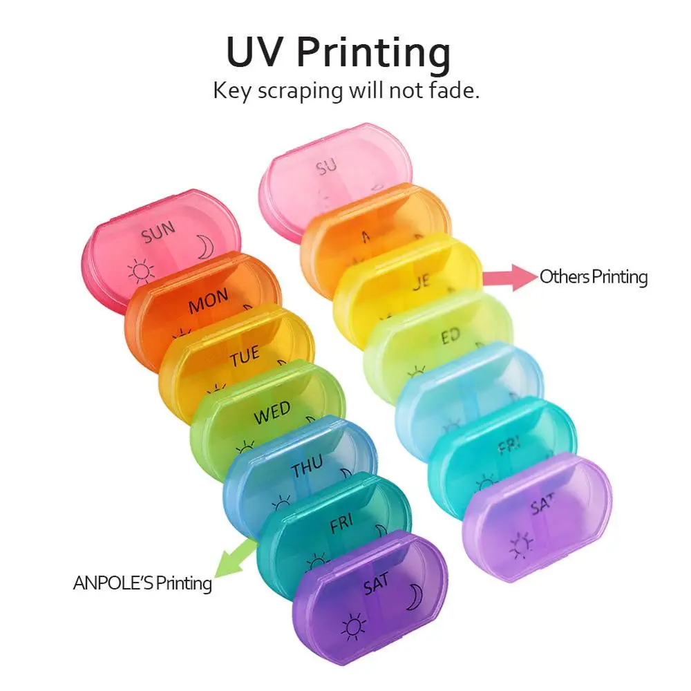 Custom 7 Days Weekly Rainbow Plastic Portable Travel Pill Storage Box / Tablet Box / Medicine Case Container