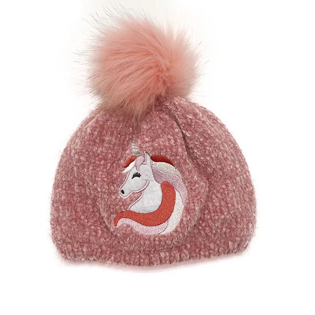 2023 New design girls cute unicorn warm chenille fake fur pompom winter knitted hat