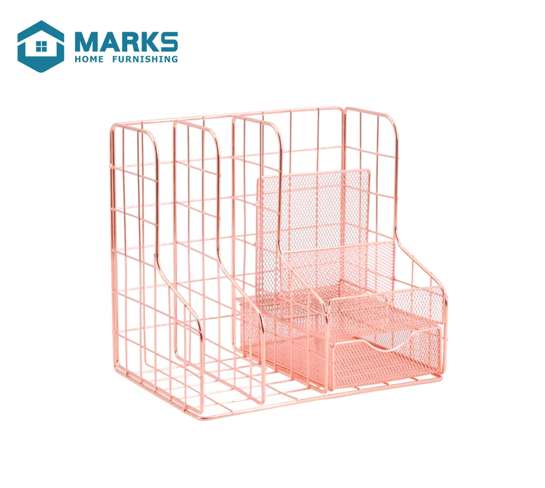 2020 Multifunction Storage Series Metal Mesh Rose Gold Office Table Accessories File Collection Basket