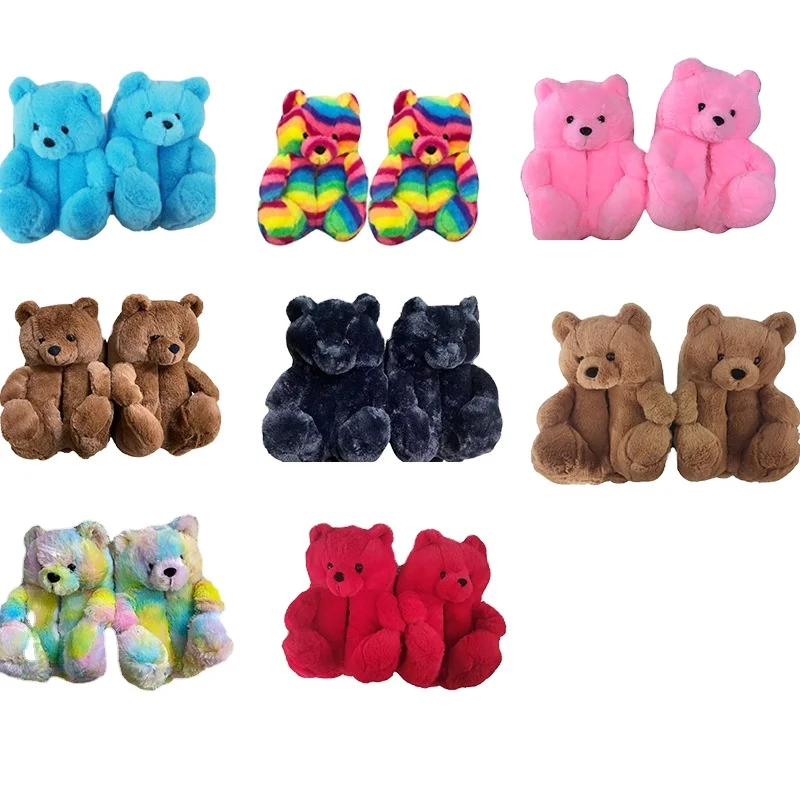  Fashion Design Winter Women Girl Fur Shoes Cute Cartoon Animal Teddy Bear Warm Slippers Bedroom Soft