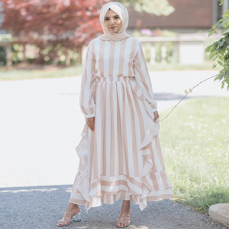 Fashion Muslim Two Piece Outfit Ruffles Top And Skirt Stripe Set Muslim Women Clothes