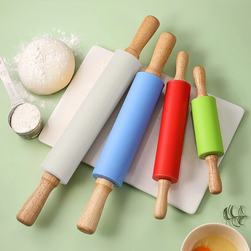 Non-Stick Wooden Handle Silicone Rolling Pin Reusable Pastry Dough Flour Roller Durable Kitchen Baking Cooking Tools Rolling Pin