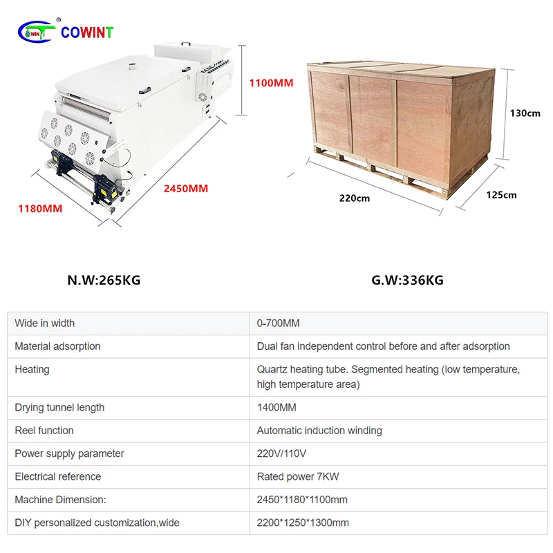Cowint automatic all in one t shirts digital dual i3200 head 60cm dtf printer transfer pet film shaker printing machine