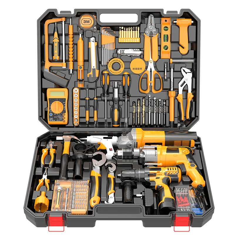118PCs High-Power Tool Kit with Impact Drill Angle Grinder 12V Lithium Electric Drill Glue Gun Sander OEM Supported