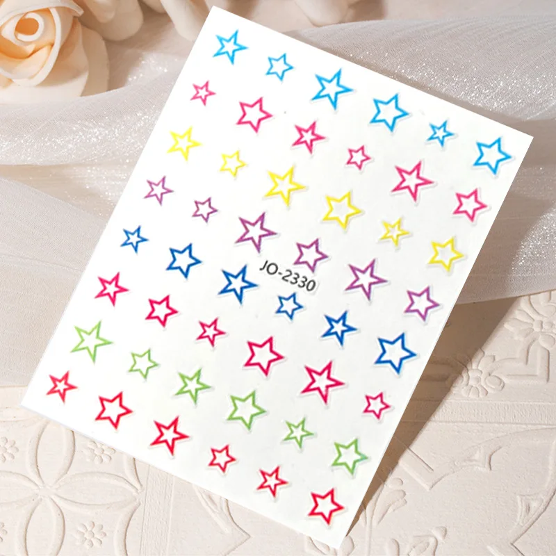 Colorful star nail stickers 3d decals hollow heart self adhesive sticker red blue five-pointed star nail stickers 2023