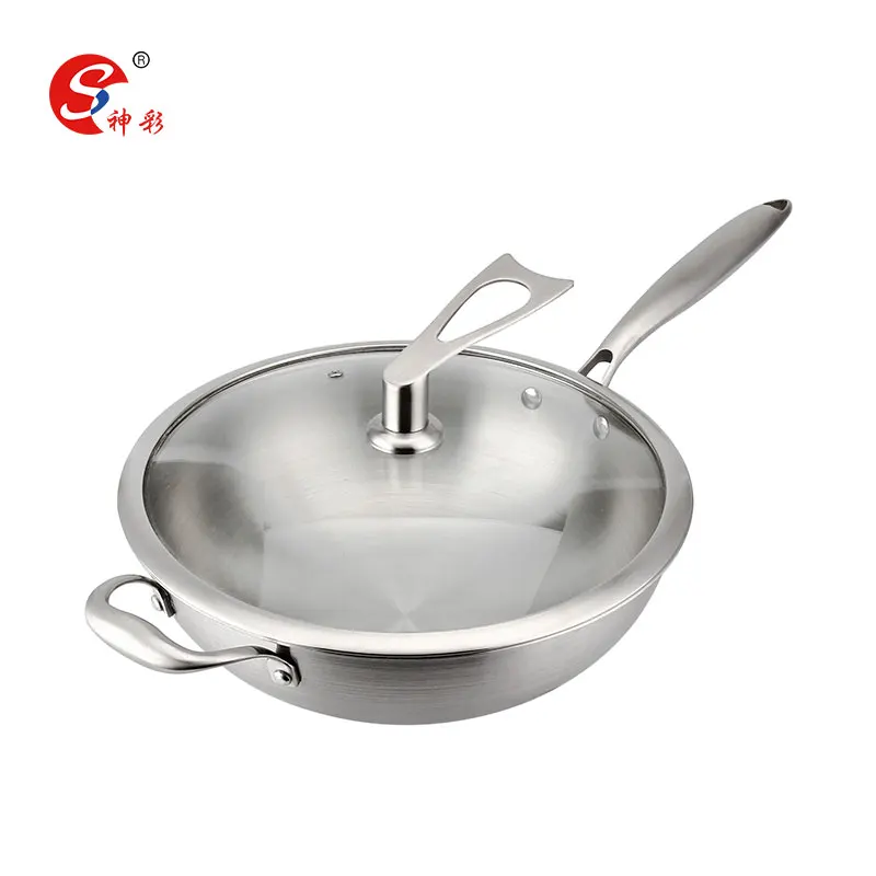 Kitchen Cooking 30/32/34Cm Stainless Steel Wok With Cover Skillet Frying Pan Wok Pan