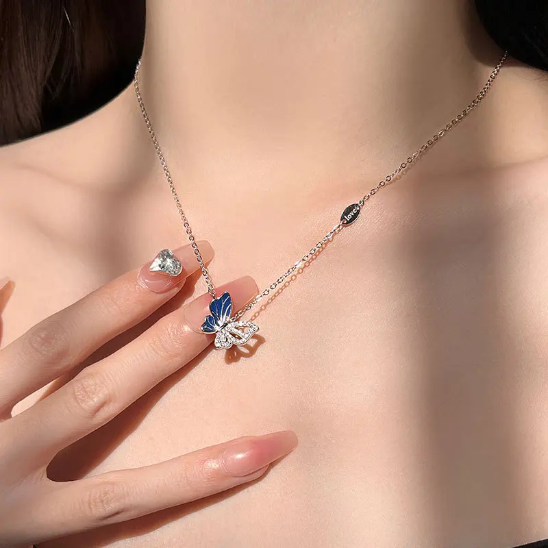 Flying Blue Butterfly Necklace 925 Sterling Silver Hollow Design  925 Sterling Silver Cubic Zirconia Dainty White Gold Plated