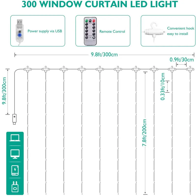 2024 New USB Remote Control 3x3 Meter Copper Wire Window Curtain Fairy Room Light LED Christmas Day String Night Light